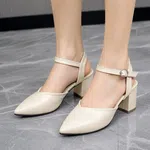 Women's Pointed Toe Ankle Strap Buckle Block Heel Pumps - Cream - Available at AfnoBazar Nepal
