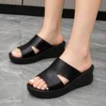 Women's Black Perforated Wide Band Platform Wedge Slides - Available at AfnoBazar Nepal