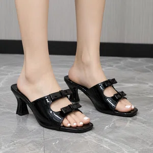 Women's Black Patent Bow Chunky Heel Mules - Available at AfnoBazar Nepal