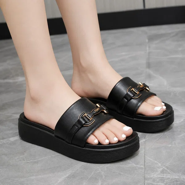 Women's Black Gold Buckle Platform Slides - Available at AfnoBazar Nepal
