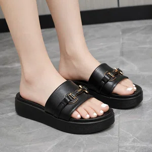 Women's Black Gold Buckle Platform Slides - Available at AfnoBazar Nepal