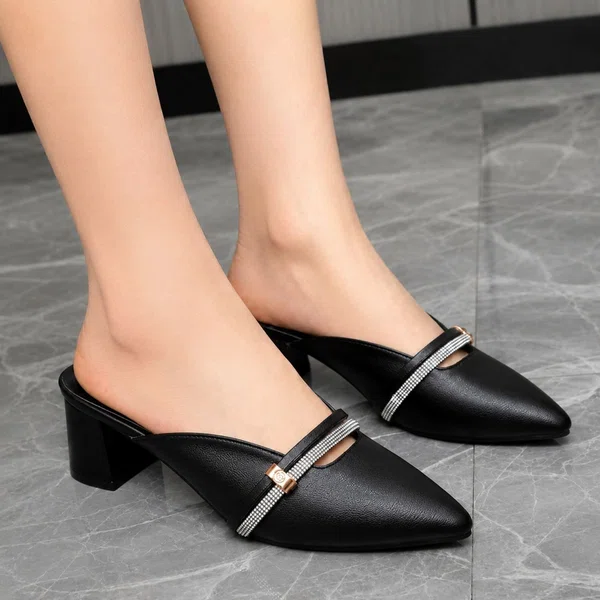 Women's Leather Pointed Toe Mules with Crystal Bar - Black - Available at AfnoBazar Nepal