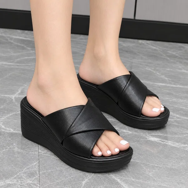 Women's Black Leather Cross Strap Platform Wedge Sandals - Available at AfnoBazar Nepal