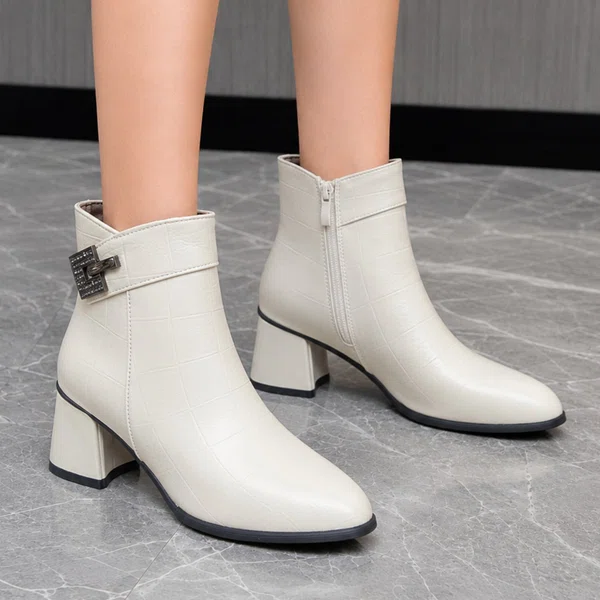 Women's Brown Croc-Texture Leather Buckle Ankle Boots - Beige - Available at AfnoBazar Nepal