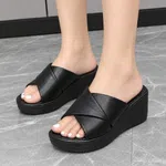 Women's Black Leather Cross Strap Platform Wedge Sandals - Available at AfnoBazar Nepal