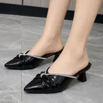 Women's Patent Pointed Toe Mules with Rhinestone Knot - Black - Available at AfnoBazar Nepal