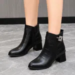 Women's Black Croc-Texture Leather Buckle Ankle Boots - Available at AfnoBazar Nepal