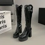 Women's Patent Leather Knee-High Platform Boots - Black - Available at AfnoBazar Nepal