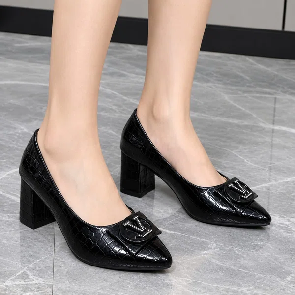 Women's Black Croc-Embossed Block Heel Pumps - Available at AfnoBazar Nepal
