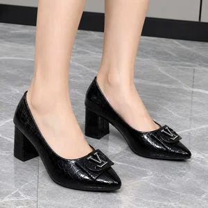 Women's Black Croc-Embossed Block Heel Pumps - Available at AfnoBazar Nepal