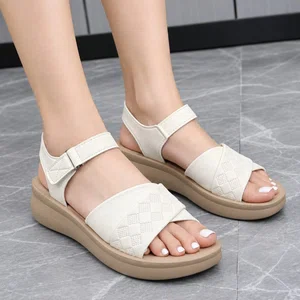 Women's Ivory Textured Leather Wedge Sandals - Available at AfnoBazar Nepal