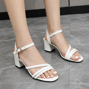 Women's White Double Strap Ankle Buckle Block Heel Sandals - Available at AfnoBazar Nepal