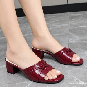 Women's Burgundy Glossy Bow Block Heel Mules - Available at AfnoBazar Nepal