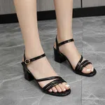Women's Black Double Strap Ankle Buckle Block Heel Sandals - Available at AfnoBazar Nepal
