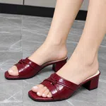 Women's Burgundy Glossy Bow Block Heel Mules - Available at AfnoBazar Nepal