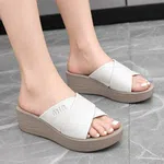Women's Ivory Leather Cross Strap Wedge Slides - Available at AfnoBazar Nepal