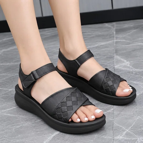 Women's Black Textured Leather Wedge Sandals - Available at AfnoBazar Nepal