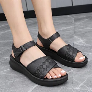 Women's Black Textured Leather Wedge Sandals - Available at AfnoBazar Nepal