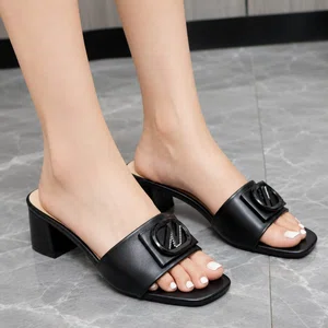 Women's Black Leather Buckle Block Heel Slides - Available at AfnoBazar Nepal