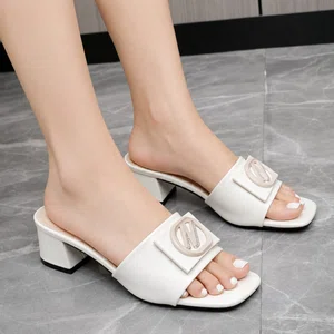 Women's Beige Leather Buckle Block Heel Slides - Available at AfnoBazar Nepal