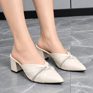Women's Rhinestone Knot Pointed Toe Block Heel Mules - Cream - Available at AfnoBazar Nepal