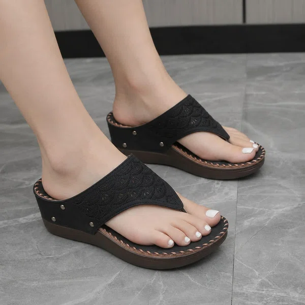 Women's Black Embroidered Wedge Platform Sandals - Available at AfnoBazar Nepal