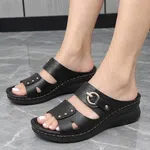 Women's Double Strap Platform Wedge Sandals with Metal Buckle - Black - Available at AfnoBazar Nepal