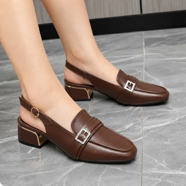 Women's Brown Buckle Slingback Block Heel Loafers - Available at AfnoBazar Nepal