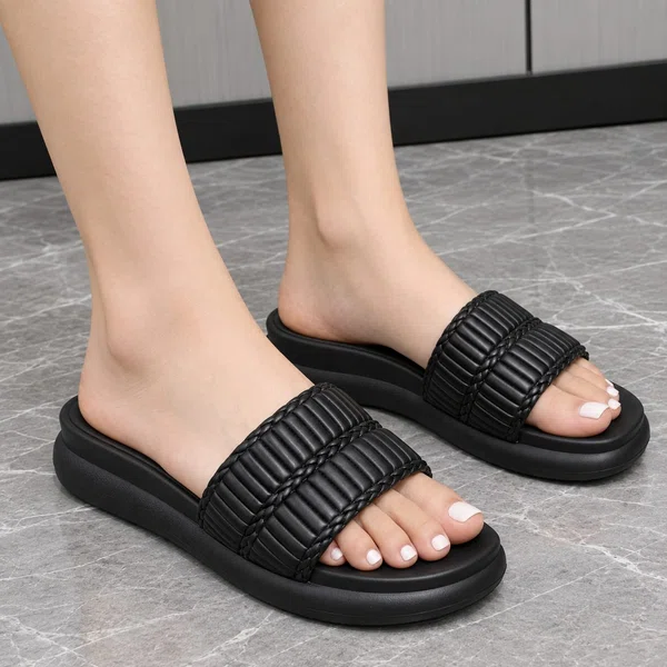 Women's Quilted Platform Slides - Black and Cream - Available at AfnoBazar Nepal