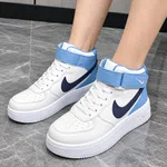 Women's High-Top Leather Platform Sneakers with Ankle Strap - White and Blue - Available at AfnoBazar Nepal
