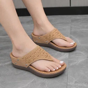 Women's Nude Beige Embroidered Wedge Sandals - Available at AfnoBazar Nepal