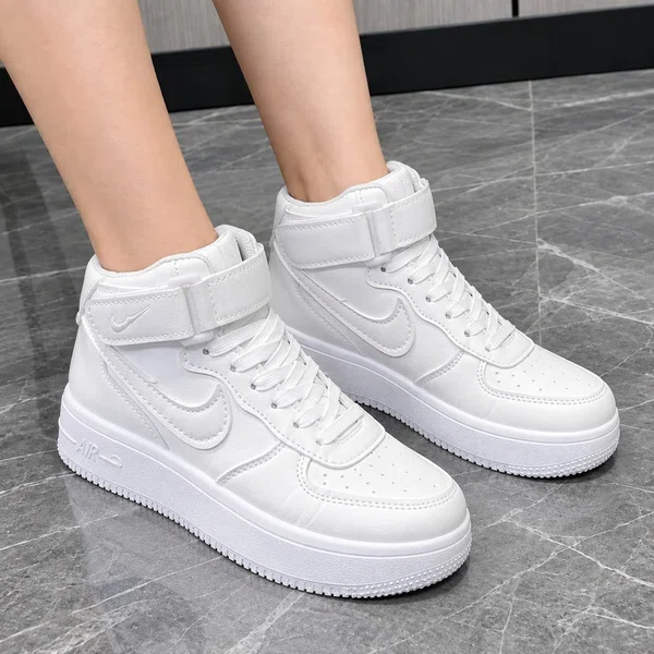 Women's High-Top Leather Platform Sneakers with Ankle Strap - All White - Available at AfnoBazar Nepal