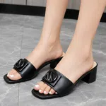 Women's Black Leather Buckle Block Heel Slides - Available at AfnoBazar Nepal