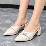 Women's Rhinestone Knot Pointed Toe Block Heel Mules - Cream - Available at AfnoBazar Nepal