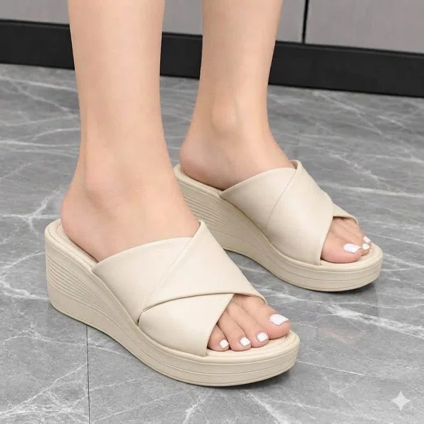 Women's Cream Leather Cross Strap Platform Wedge Sandals - Available at AfnoBazar Nepal