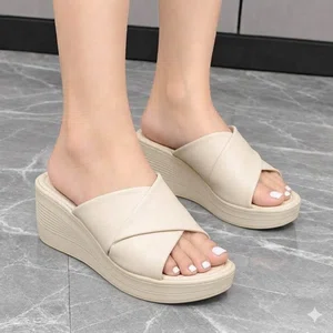 Women's Cream Leather Cross Strap Platform Wedge Sandals - Available at AfnoBazar Nepal
