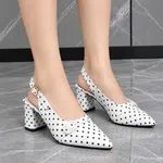 Women's Polka Dot Pointed Toe Slingback Block Heels - Black and White - Available at AfnoBazar Nepal