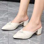 Women's Cream Pointed Toe Knot Block Heel Mules - Available at AfnoBazar Nepal
