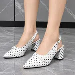 Women's Polka Dot Pointed Toe Slingback Block Heels - Black and White - Available at AfnoBazar Nepal