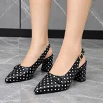 Women's Polka Dot Pointed Toe Slingback Block Heels - Black - Available at AfnoBazar Nepal