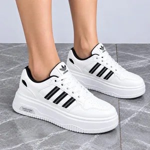 Women's Three-Stripe Platform Sneakers with Black Heel Tab - White and Black - Available at AfnoBazar Nepal