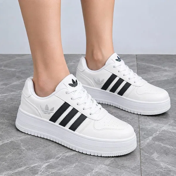 Women's Three-Stripe Platform Sneakers - White and Black - Available at AfnoBazar Nepal