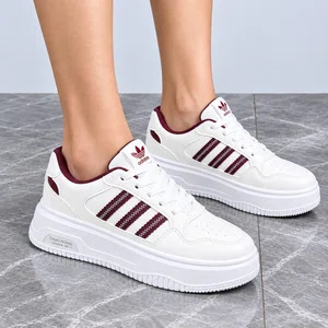 Women's Three-Stripe Platform Sneakers - White and Burgundy - Available at AfnoBazar Nepal