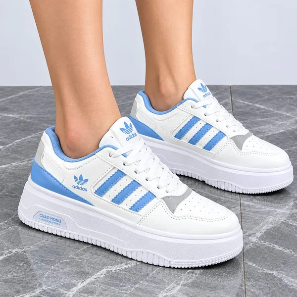 Women's White and Blue Leather Platform Sneakers - Available at AfnoBazar Nepal