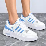 Women's White and Blue Leather Platform Sneakers - Available at AfnoBazar Nepal
