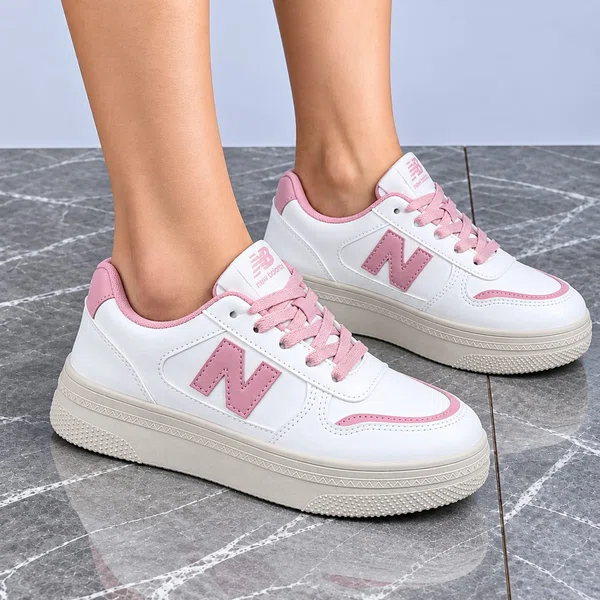 Women's White and Pink Leather Platform Sneakers - Available at AfnoBazar Nepal