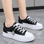 Women's Korean Style Low-Top Platform Sneakers with Metal Tag - Black and White - Available at AfnoBazar Nepal