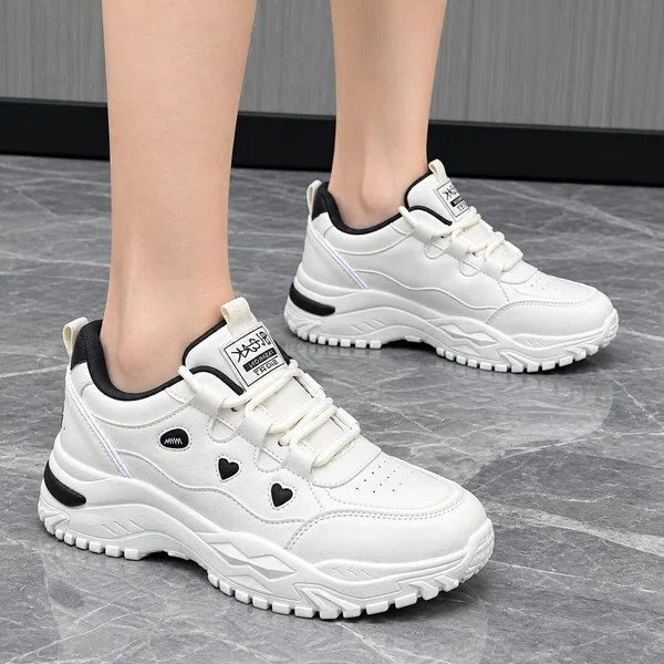 Women's Korean Style Chunky Sneakers with Heart Cut-Outs - White - Available at AfnoBazar Nepal