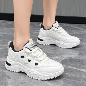 Women's Korean Style Chunky Sneakers with Heart Cut-Outs - White - Available at AfnoBazar Nepal