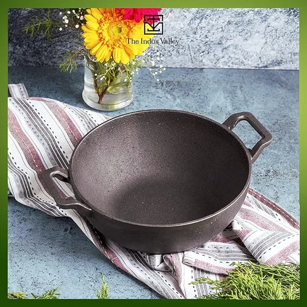 The Indus Valley Pre-Seasoned Cast Iron Kadai with Curved Handle | Medium, 25cm/9.8inch, 3.2Ltr, 3.3kg | Induction Friendly | Naturally Nonstick Kadhai, 100% Pure & Toxin-Free, No Chemical Coating - Available at AfnoBazar Nepal